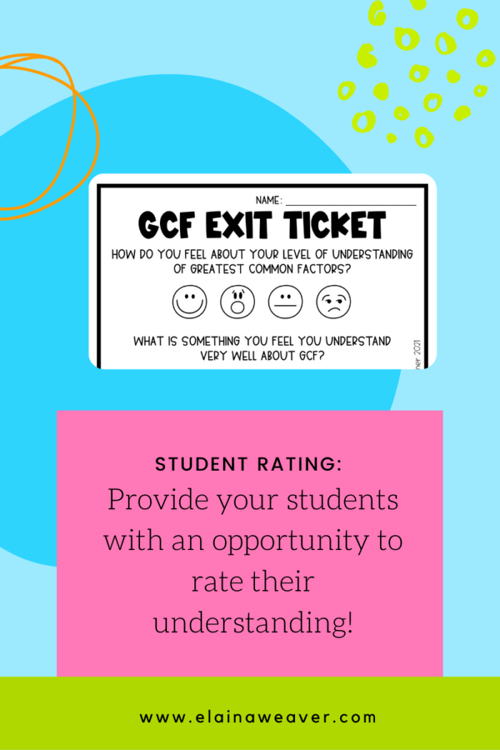 Exit Ticket that asks students to rate their level of understanding about greatest common factor