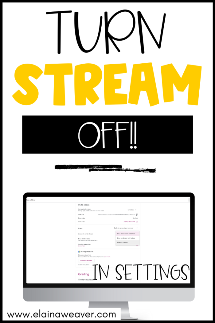 turn stream off with a picture of the setting tab in google classroom