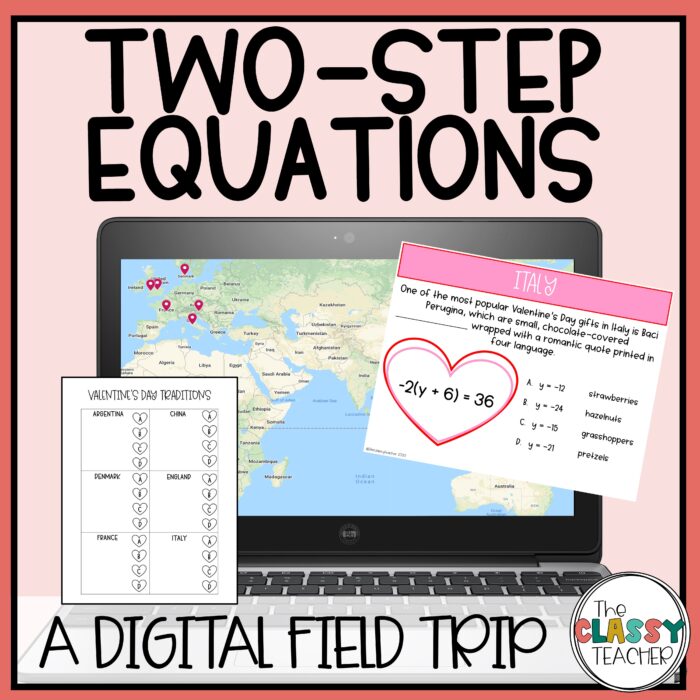 Two-Step Equations Valentine's Day Math Worksheet