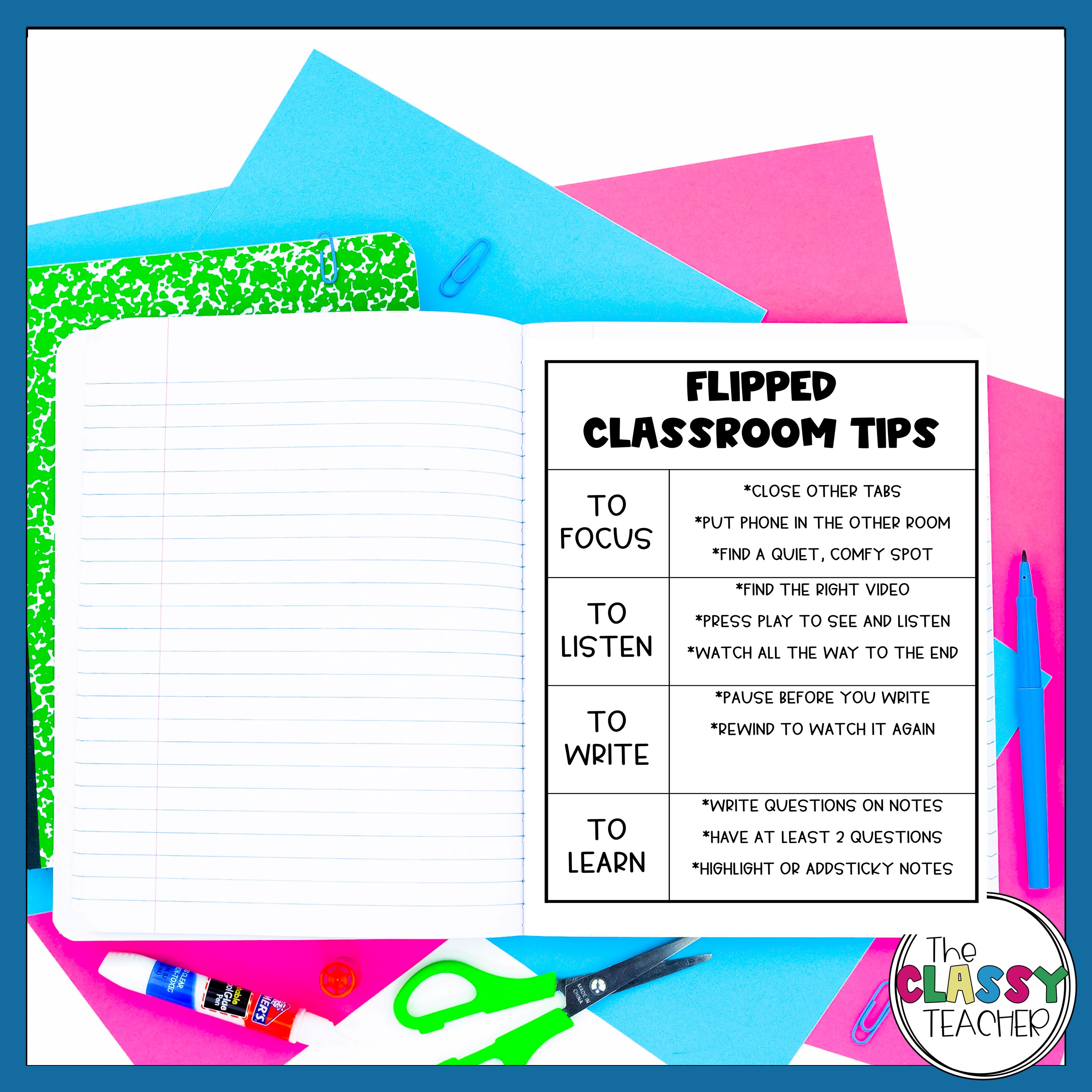 flipped classroom tips in a composition notebook