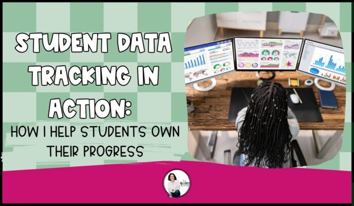 Blog graphic titled 'Student Data Tracking in Action' with bold headline text and a visual of a student progress dashboard. Designed for a post about using student data tracking to support mastery in middle school math.