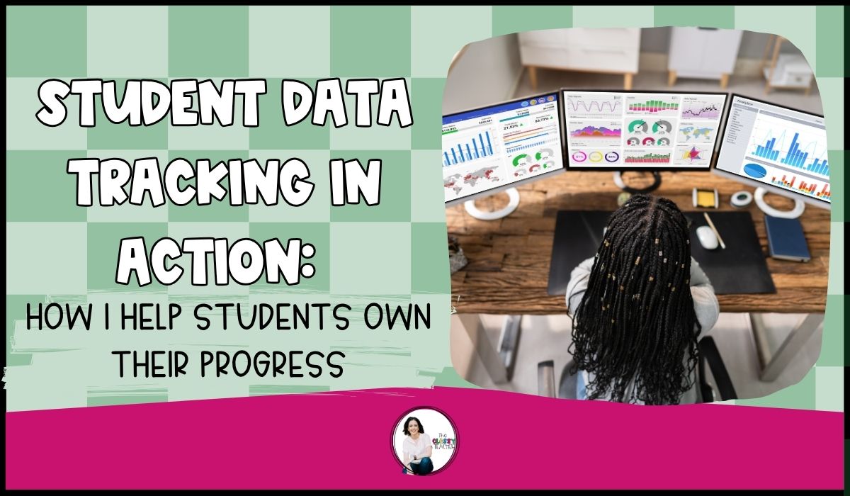 Blog graphic titled 'Student Data Tracking in Action' with bold headline text and a visual of a student progress dashboard. Designed for a post about using student data tracking to support mastery in middle school math.